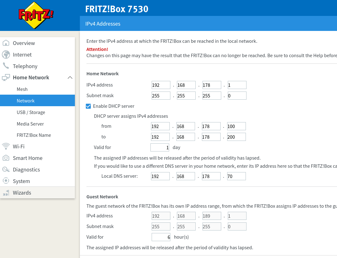 Fritz Box IPv4 Addresses and DHCP settings